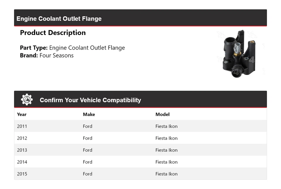 Фланжевая розетка охлаждающей жидкости двигателя для Ford Fiesta Ikon 2011-2015 годов выпуска 4 сезона 2012 2013 годов выпуска - Изображение 2 из 4