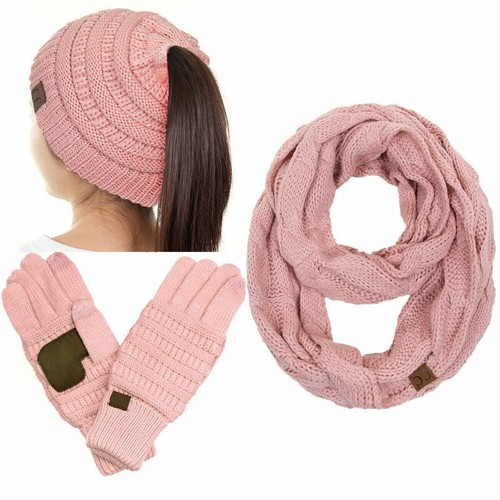 C.C 3pc Ponytail Messy Bun Soft Warm Soft Ribbed Knit Beanie Gloves Scarf Set - Picture 13 of 41