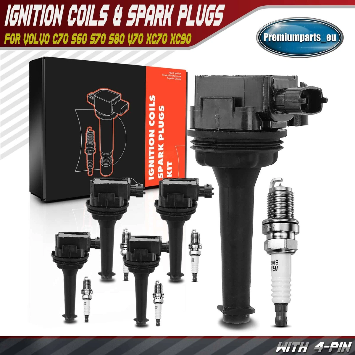 5x Ignition Coils Spark Plugs for Volvo C70 S60 S70 S80 V70 XC70 XC90 2.0 New
