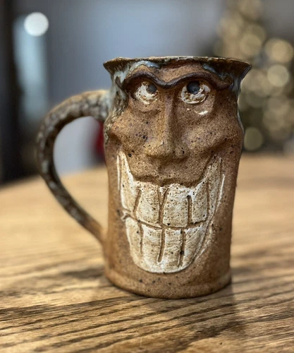 Vtg Ugly Funny Face Mug Pottery 3D Smile Teeth Stoneware