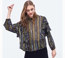 NWT Zara Black Green Blue Stripe Ruffle Long Sleeve Sequin Sheer Top Blouse $69