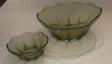 Anchor Hocking Vtg Chip And Dip Set Avocado Green Glass MCM Modernist