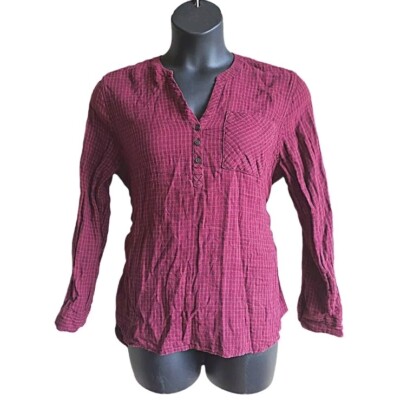 eddie bauer womens top Size Large Gauze Cotton Tunic Plaid Hi-lo Red