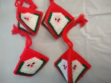 Lot 4 Vintage Needlepoint Plastic Canvas Santa 3D Ornaments Handmade Hanging