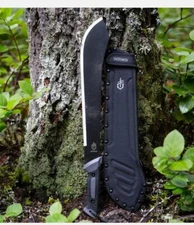  Large Machete Black Bolo  15.4" 1055 Carbon SS Blade Gator Grip Handle & Sheath