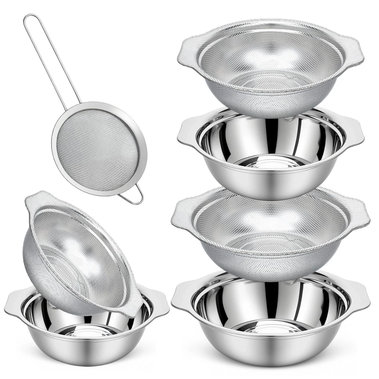7Pcs Stainless Steel Colander Set, Rice Strainer with Mixing Bowl, 3/4/5QT La...