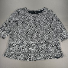 Lucky Brand Women 1X Plus Black White Paisley Round Neck 3/4 Sleeve Tunic Top