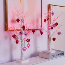 2Pack Valentines Day Decor Lighted Birch Tree with Heart-Shaped Ornaments,USB...