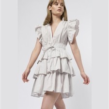 Ulla Johnson Sena Tiered Flutter-Sleeve Ruffle Dress in Dove Light Gray Size 10