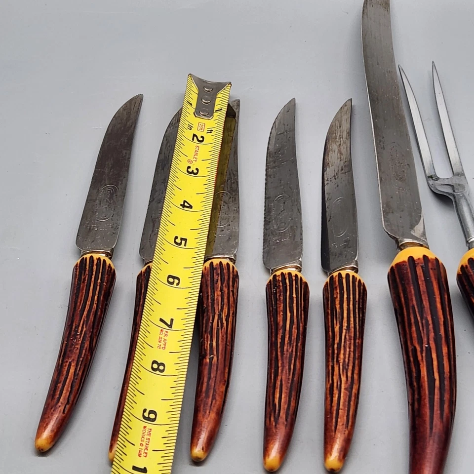 Juego de talla de cuchillos para carne con mango de ciervo Sheffield Regal Crest de colección 7 piezas Inglaterra Foto 3 de 4