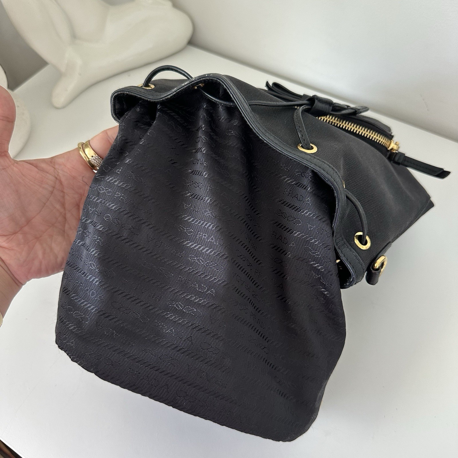 PRADA Logo Jacquard Ribbon Canvas Bucket Shoulder Crossbody Black Bag thumbnail 15