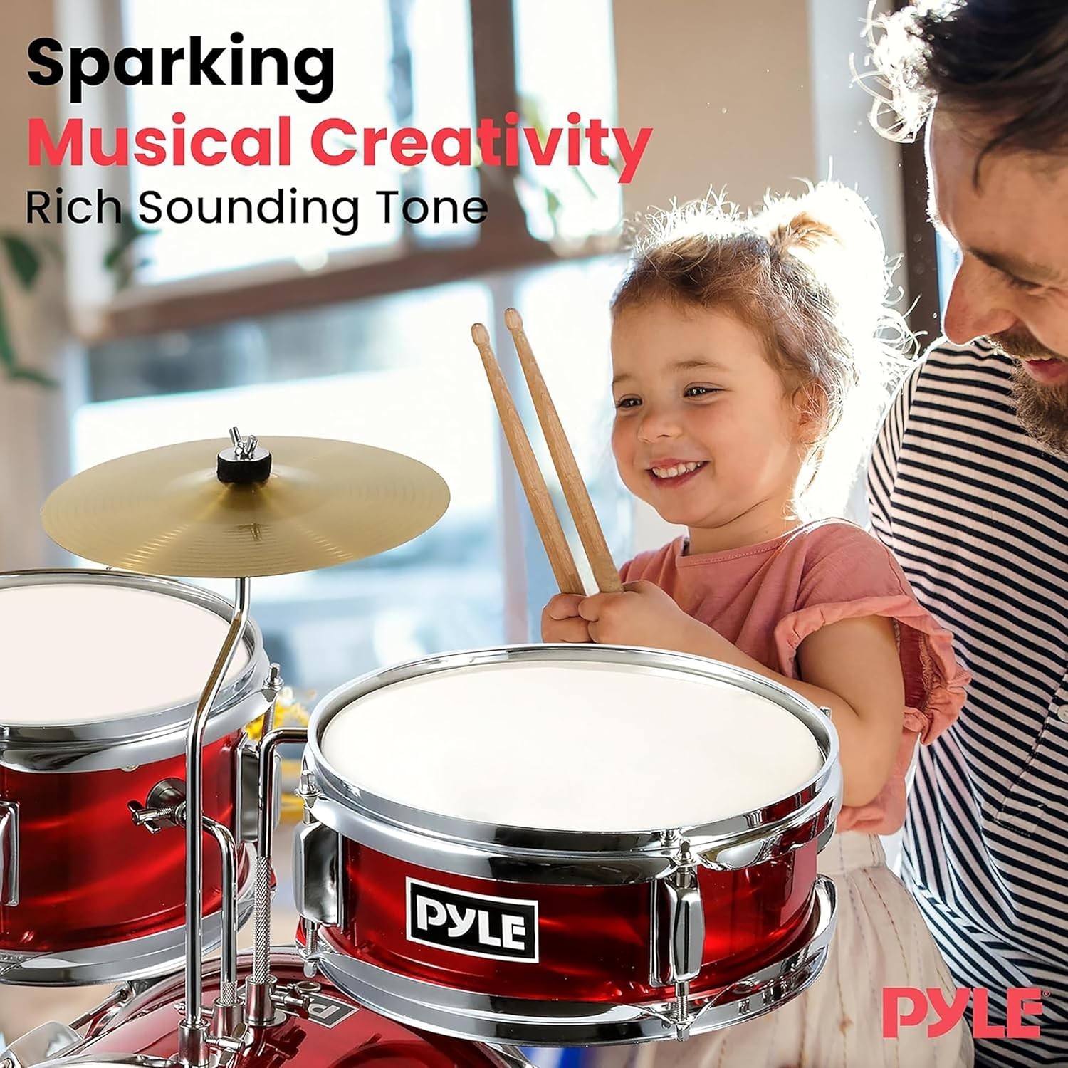 Pyle 13'' 3-Piece Kids/Junior Drum Set - Metallic Shiny Red Drum Set w/ Throne