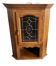 Vintage Oak Wall Corner Display Cabinet Cupboard Glass Door With Light Feature