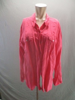 CHICO'S LINO Size 16 Womens Red 100% Linen Long Sleeve Chic Button Up Shirt 591