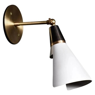 Handmade Mid-Century Modern Brass Wall Sconce - Adjustable White Cone Reading