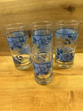Corelle Crisa Blue Velvet Rose 3 16oz Glass Tumblers 1 6oz Juice Glass 