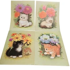 Vtg Litho Art Prints Kittens Cats Flowers K Chin MCM Decor BP Co USA Set of 4