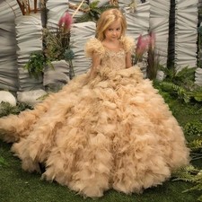 Gold Ball Gown Puffy Flower Girl Dress Tulle Applique Beading Party Pageant