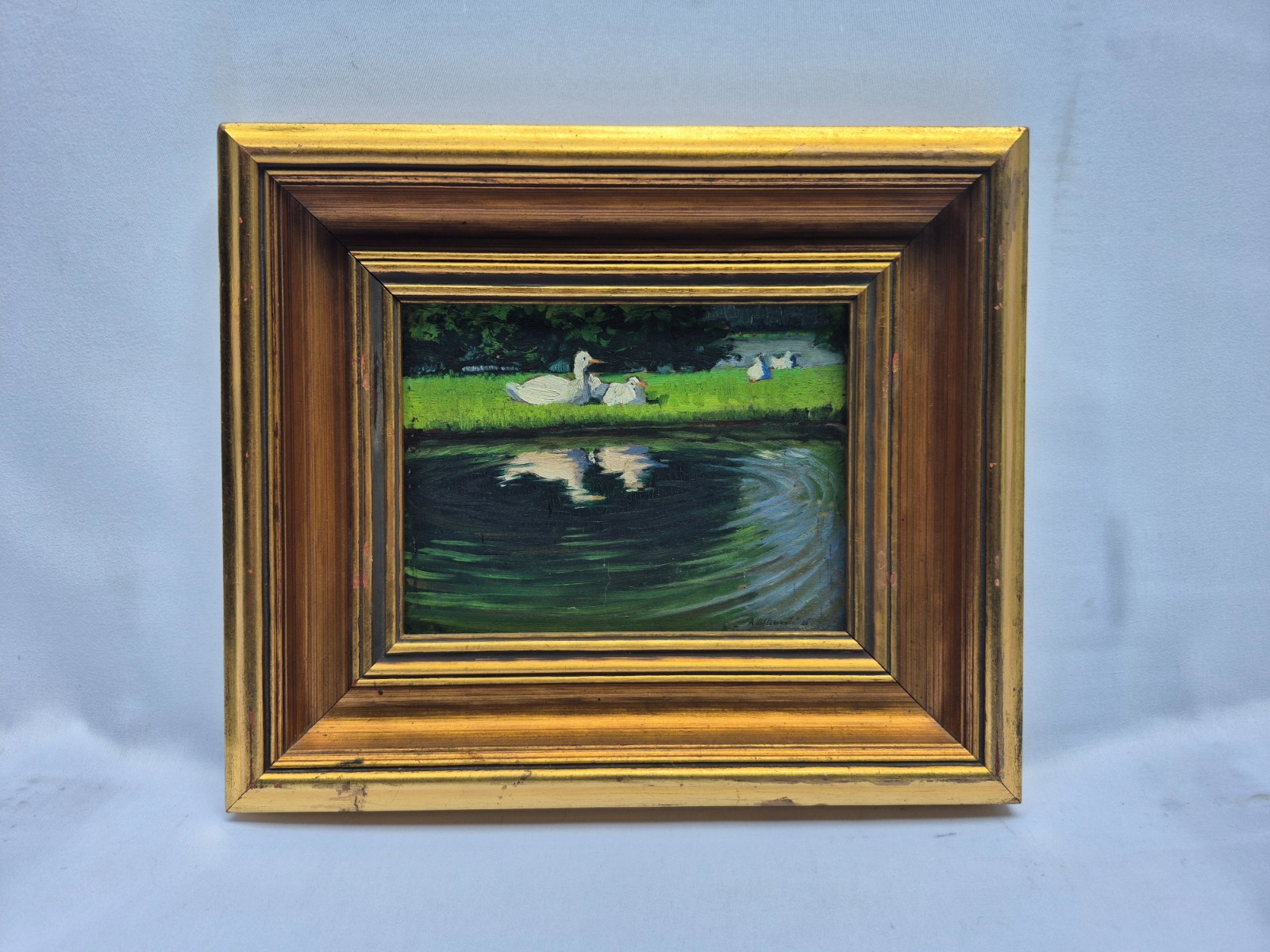 Alling M. Clements - Ducks By The Pond Oil on Board Painting 1926 Framed