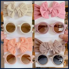 2 Pcs/Set New Children Solid Color Cotton Bowknot Wide Hairband Round Sunglasses