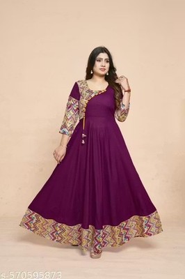 Indian Women s Ethnic Printed Tiered Rayon Anarkali Maxi Gown Dress Fetive Party