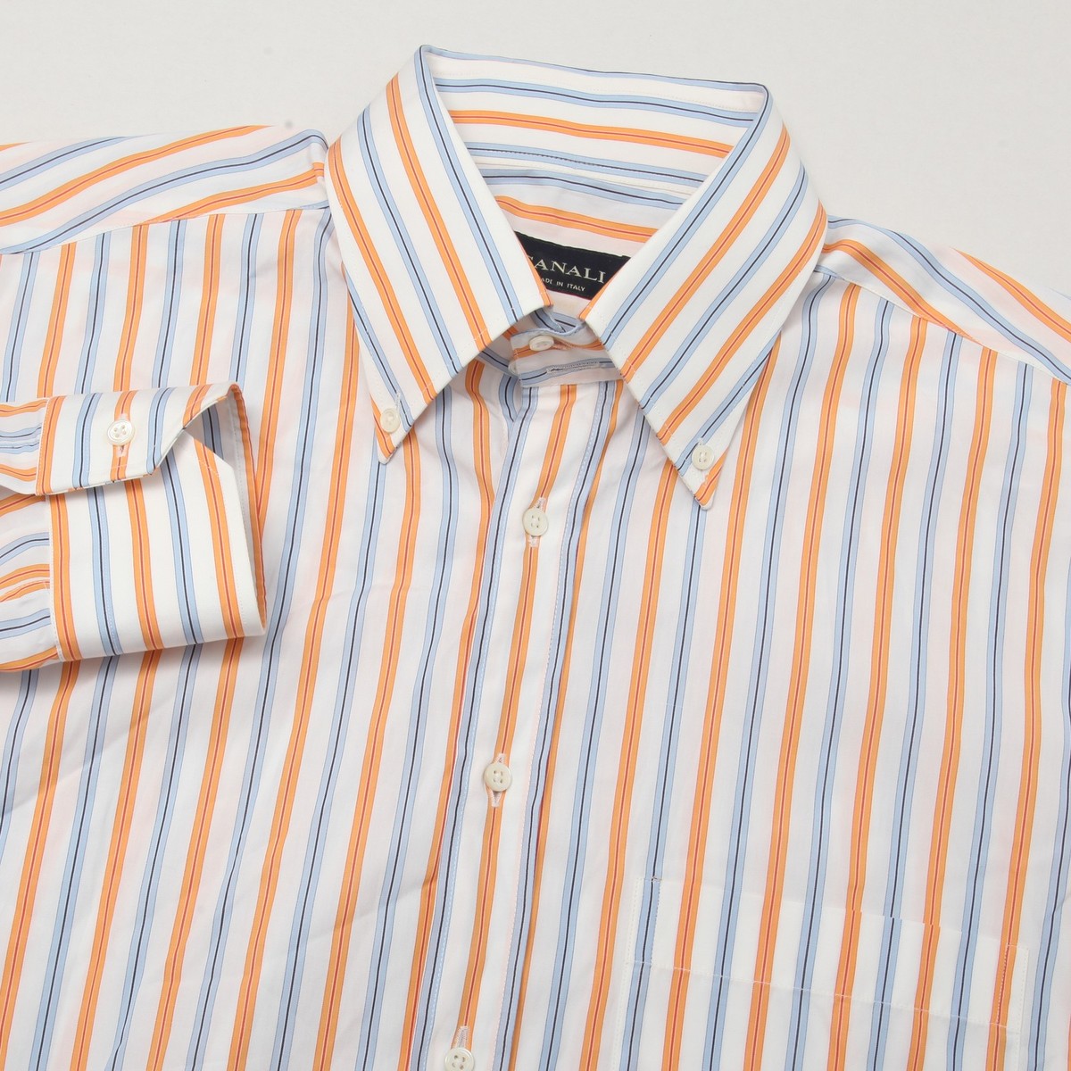 CANALI Men's Orange Blue Striped Cotton Button-Down Dress Shirt Size 17.5 X 36 CANALI Men's Orange Blue Striped Cotton Button-Down Dress Shirt Size 17.5 X 36