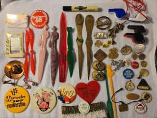 Vintage Junk Drawer Lot Of 50 Pinback Buttons Toy Whistles Boy Scout Slides&More