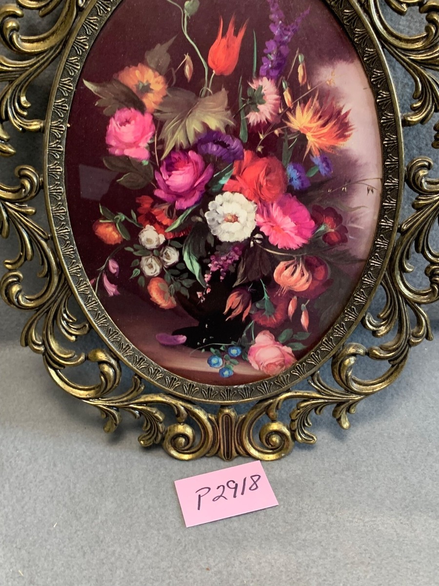 Vintage Brass Oval Ornate Convex Flowers Picture Frame Made