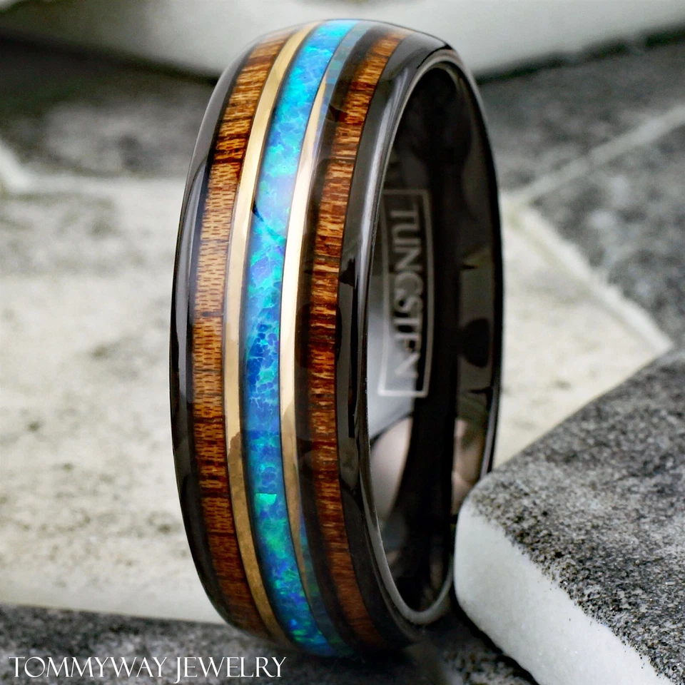 Anillo de boda de 8 mm de madera de koa de tungsteno negro con rayas de ópalo azul hawaiano para hombre Foto 2 de 4