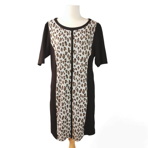 Teaberry Womens Size 16 Black Animal Print Shift Dress Round Neck Short Sleeves