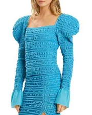 NWT HERVE LEGER PUFF SHOULDER RUFFLE RUCHED STRETCH TOP BLOUSE TAHITIAN XXS  2 4