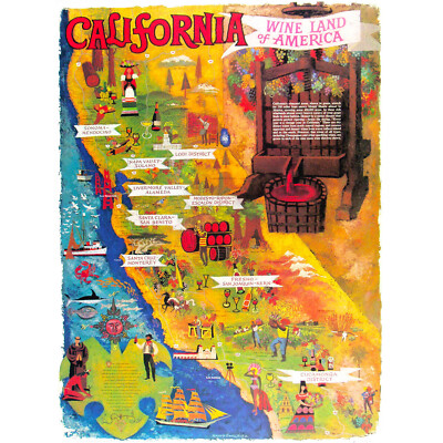 REISE TOURISMUS WEINPFAD KALIFORNIEN BUNDESSTAAT USA KARTE TRINKEN ALKOHOL 30 X 40 CM GUT