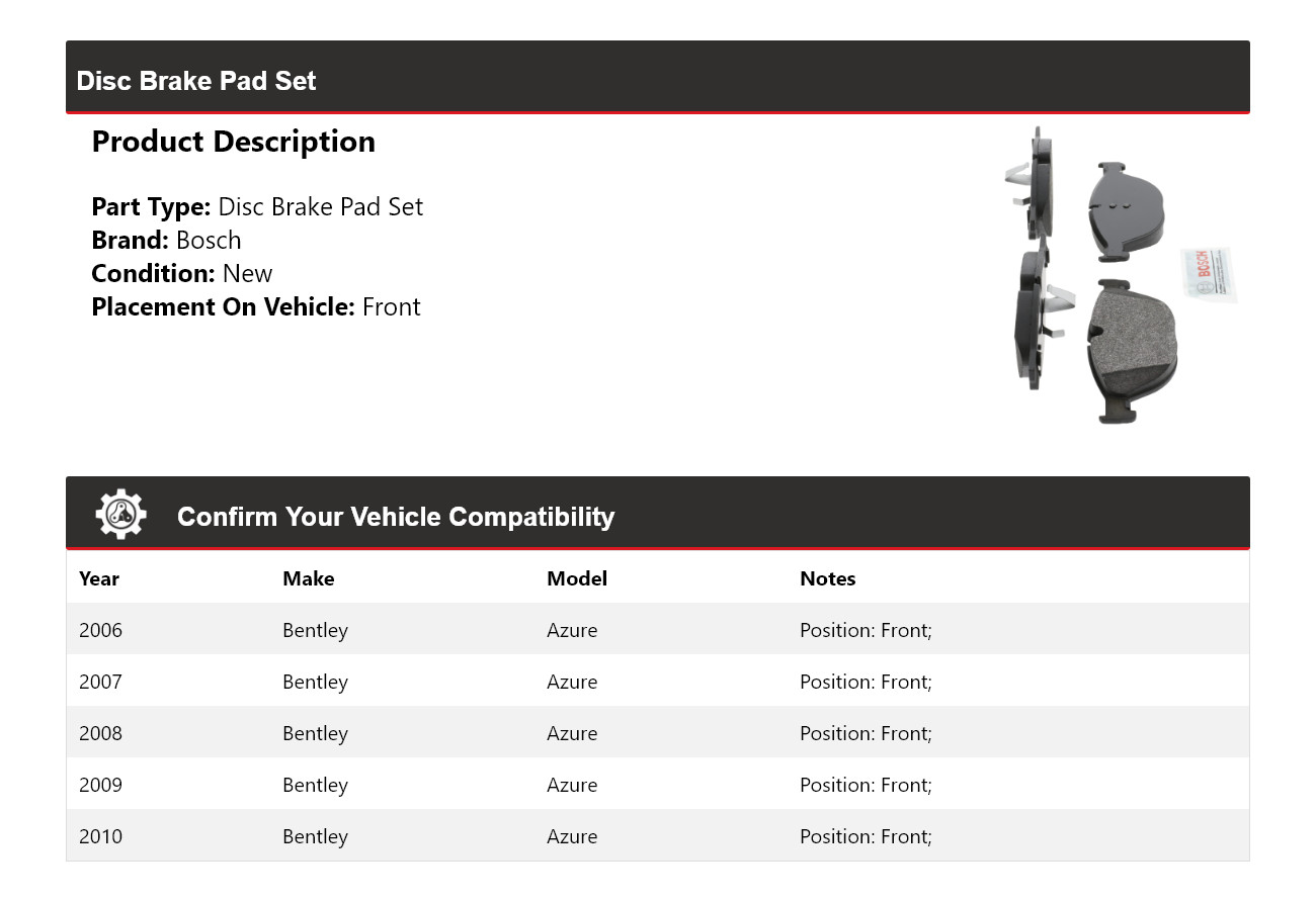 For 2006-2010 Bentley Azure Bosch Semi-Metallic Brake Pads Front 2007 2008 2009