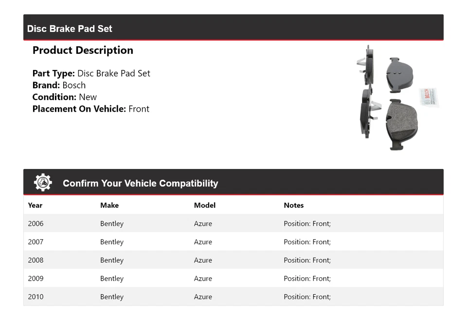 Pastillas de freno delanteras semimetálicas para Bentley Azure Bosch 2006-2010 2007 2008 2009 Foto 2 de 4