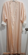 NEW Vtg Carole Hochman Ruffle Sleeve Long Robe Satin Lace Trim Peach Size Large