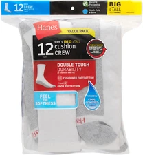 Hanes Men's Double Tough Crew Socks, 12-Pair Pack, White or Black Options