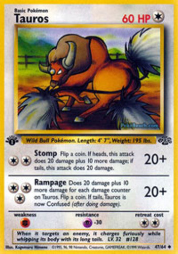 1x Tauros - 47/64 - Uncommon - 1st Edition Heavily Played Pokemon G1 - Jungle -