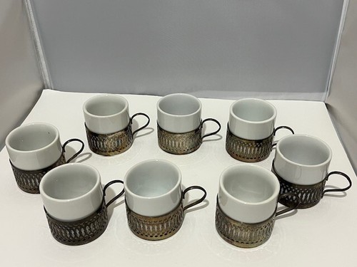 Vintage 2,25" weiße Keramik Espressotassen in Metallhaltern (versilbert?) set 8