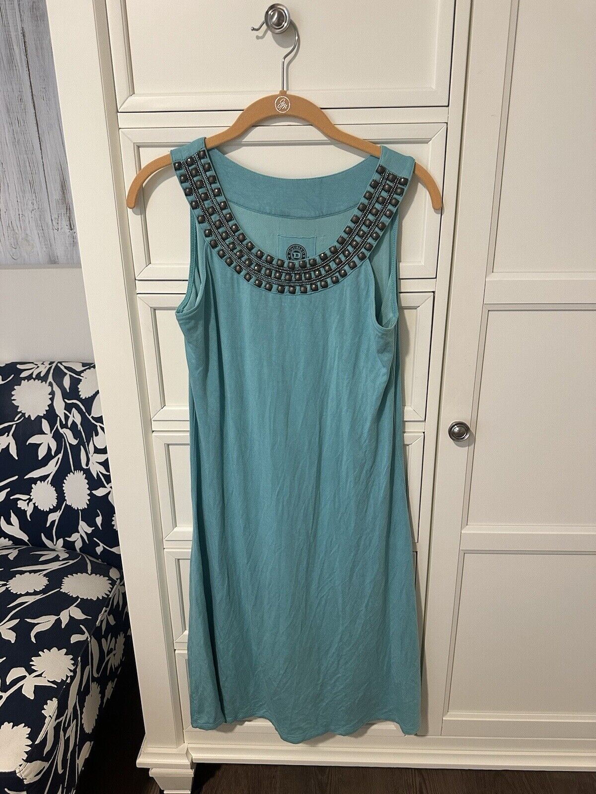 Double D Ranch Women Aqua Blue Dress Bronze Beaded Embellished Collar Small