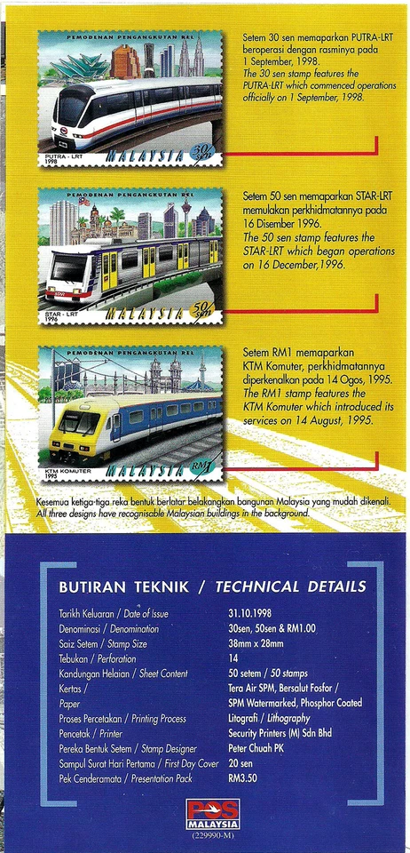 First Day Cover - Malaysia (1998) - Modernisation of Rail Transport FDC - Image 2 of 3