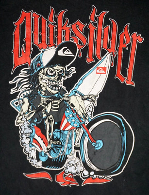 Vintage 90s Quicksilver T Shirt Youth Kids Medium Surf Skater Skeleton Y2K Tee