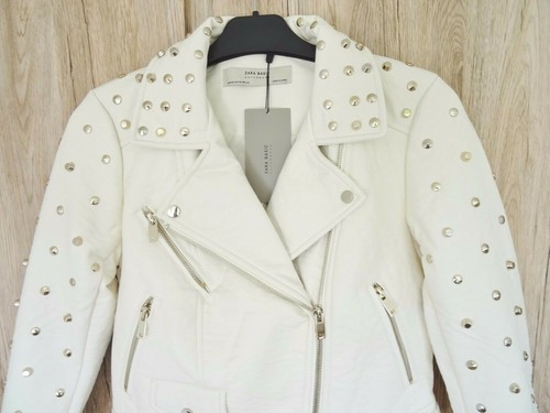 ZARA ECRU STUDDED FAUX LEATHER BIKER JACKET SIZE XS UK 6 - 第 7/12 張圖片