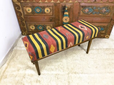Handmade Kilim Upholstered Ottoman Footstool Piano Entryway Bedroom Bench