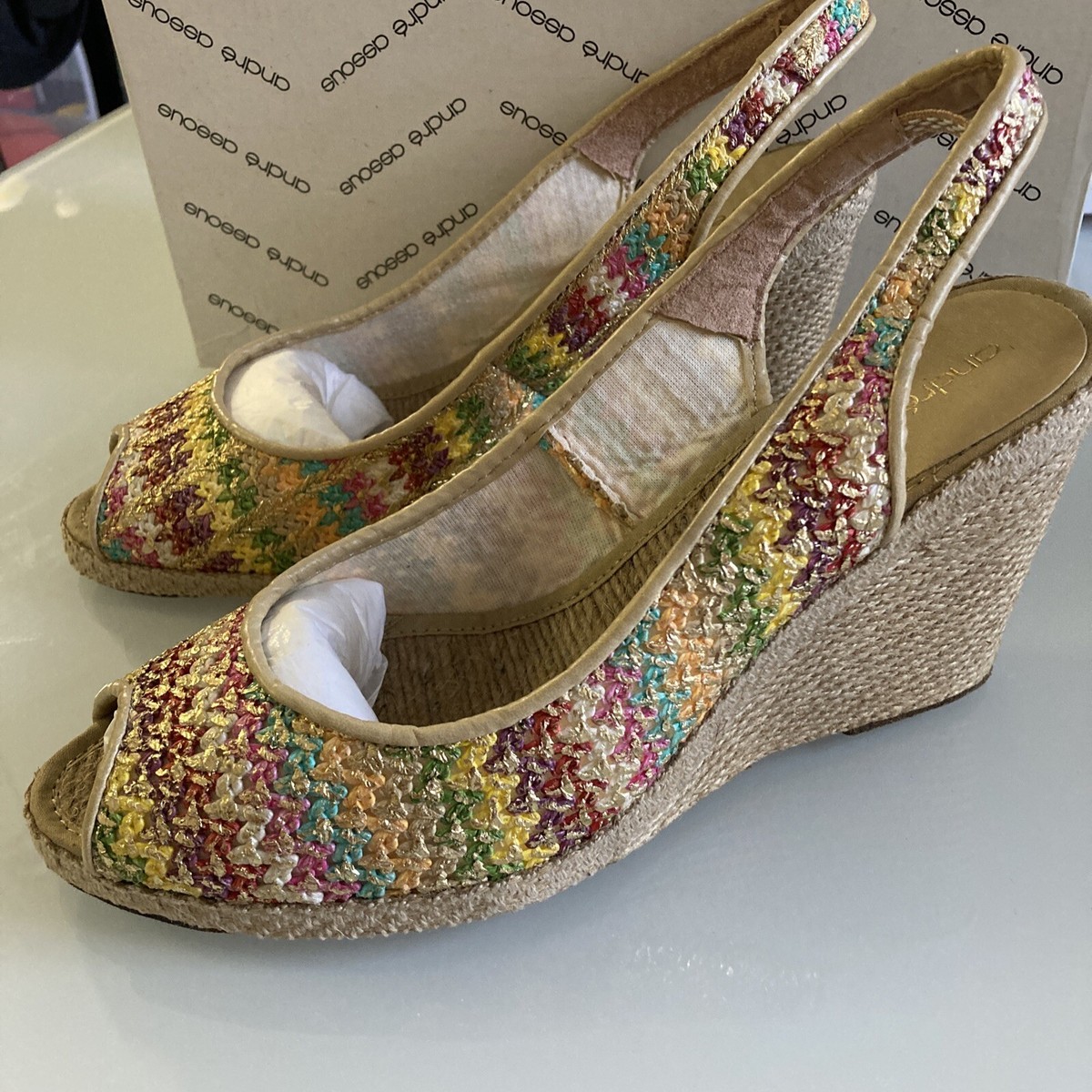 New Andre Assous Payton Sun Rainbow Peep Toe Slingback Wedge Espadrille 10 M