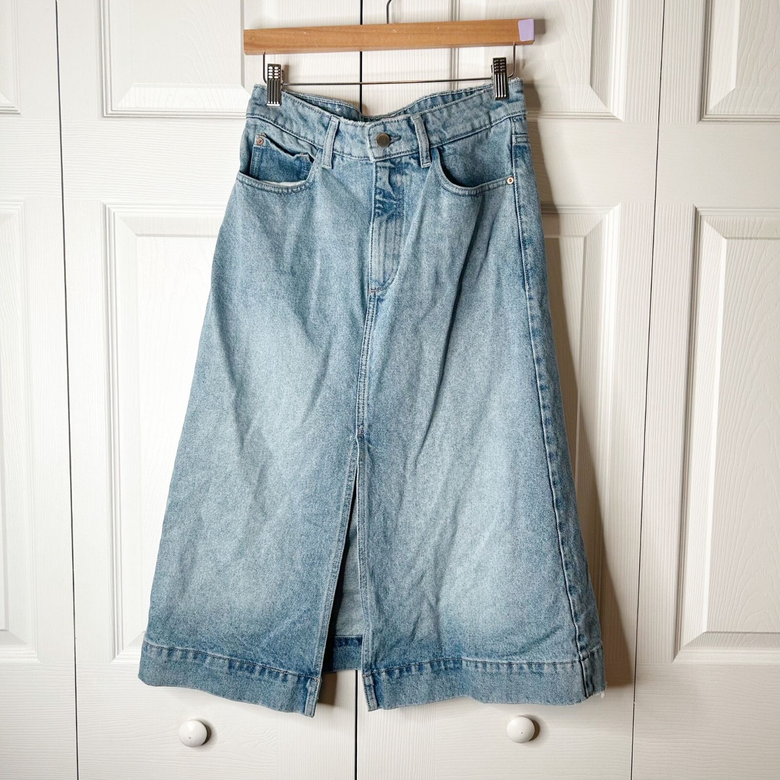 DL1961 Alma A-Line Light Wash Blue 100% Cotton Denim Midi Skirt Women's Size 25
