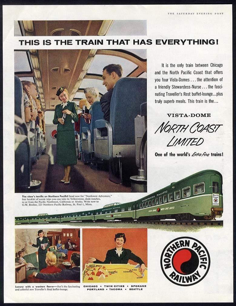 TRAIN Ad 1956 NORTHERN PACIFIC RAILWAY North Coast LTD VISTA DOME