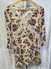 Kori Peasant Boho Floral Tunic Vintage Inspired Lace Trim Crinkle Women’s L
