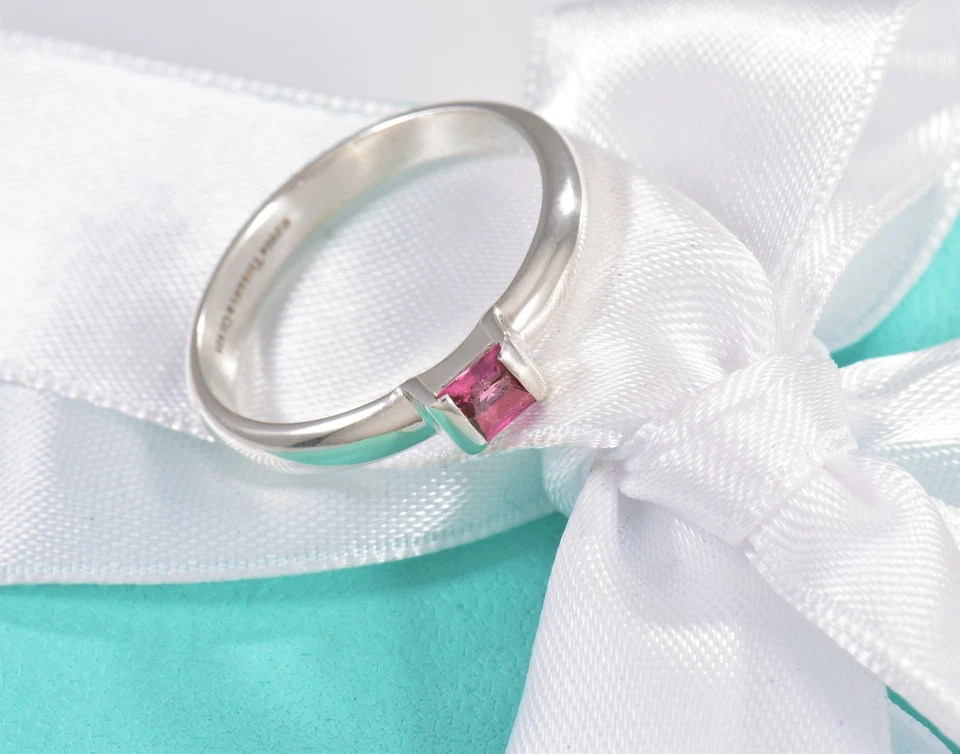 Anillo Tiffany & Co Plata Esterlina Rosa Turmalina Cuadrado Pila Banda Foto 4 de 4