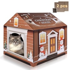 Christmas Cardboard Cat House Playhouse with 2 Scratching Pads  Catnip brown