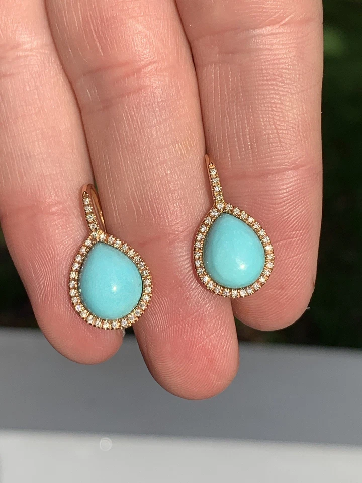 18Ct Rose Gold Diamond Turquoise Italian Exceptional ￼Drop Earrings 5.4 G - Image 2 of 4